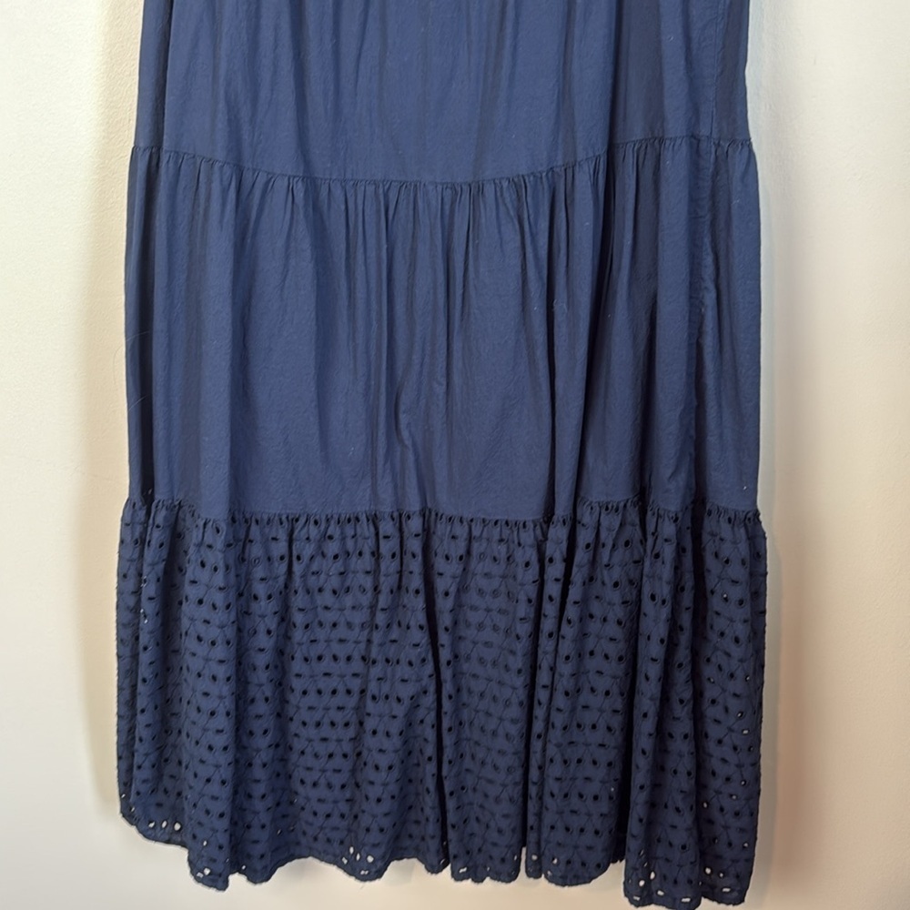 Maison Jules Long Navy Dress with Ruffle Eyelet Sleeves Size L 100% Cotton - Picture 3 of 10